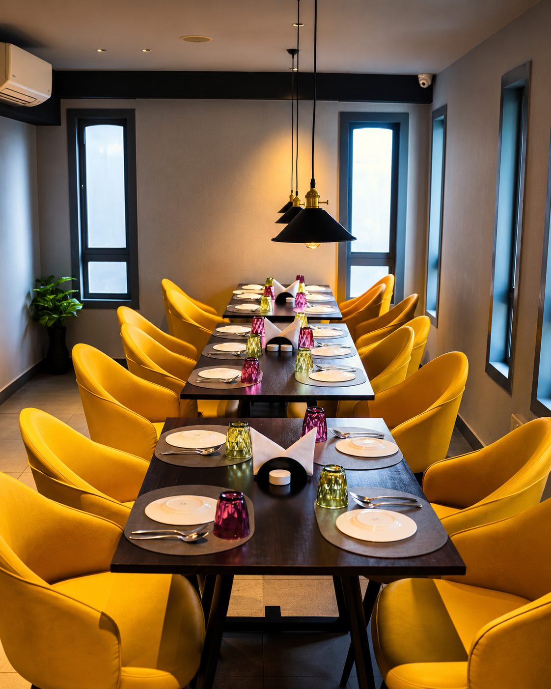 Elegant dining hall with gold chandelier lighting
