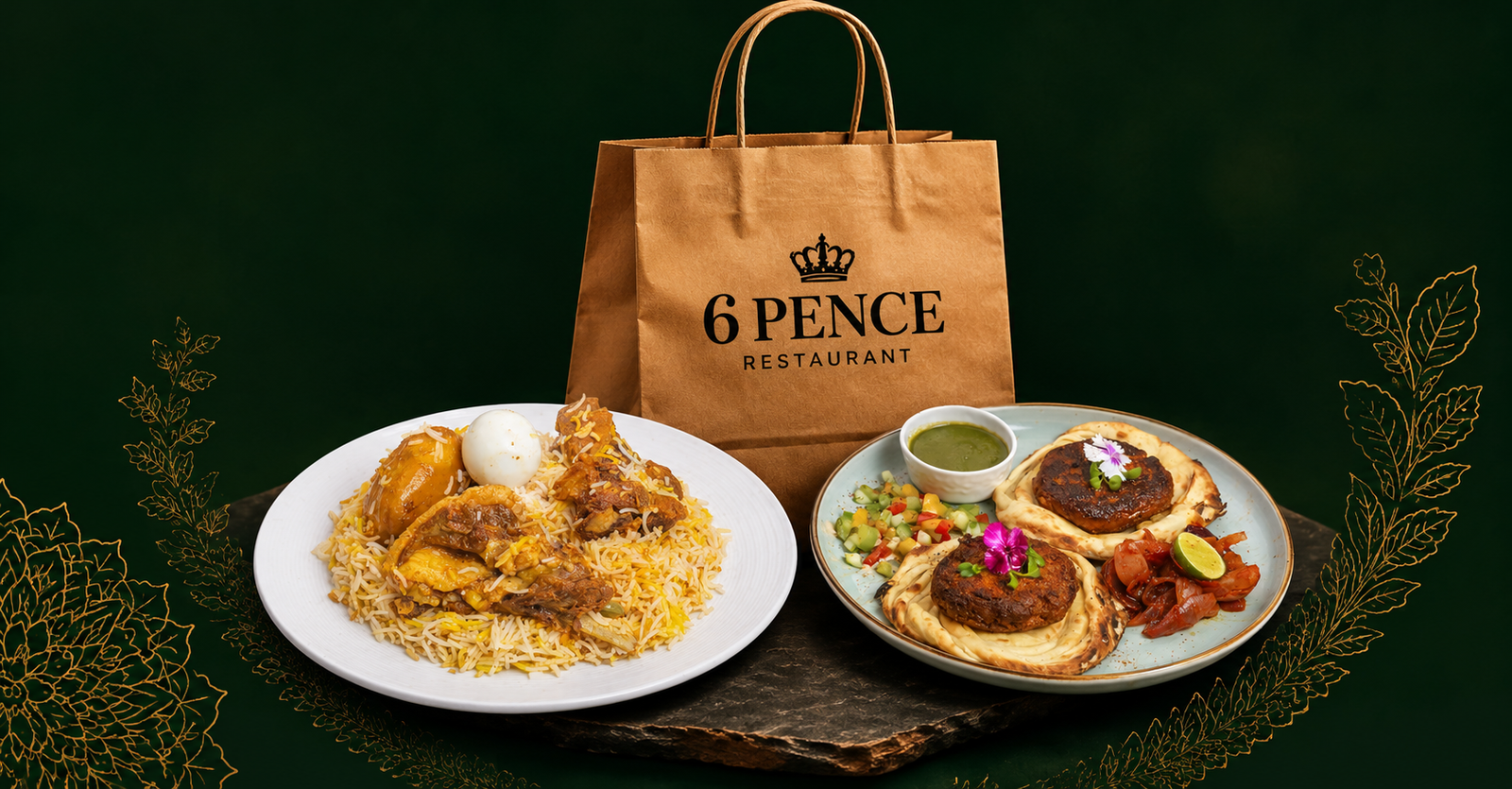 6 Pence takeaway packaging with biryani and curries